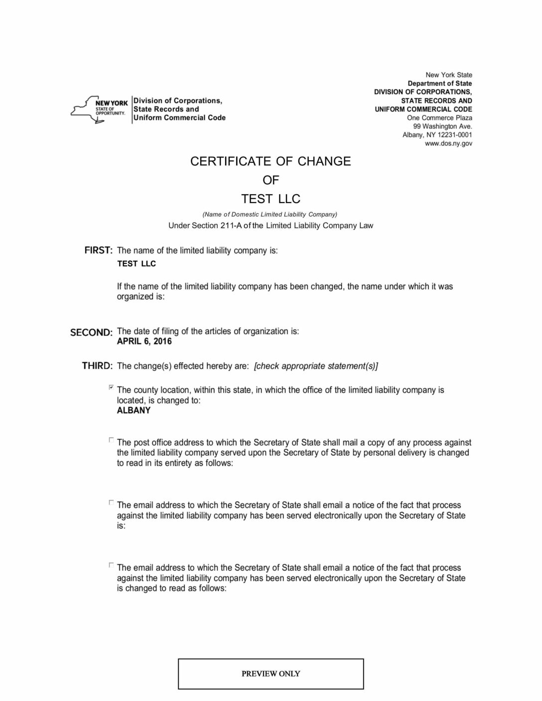 NY Certificate of Change
